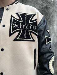 Khaki Schneider Racing Cams Embroidered Leather Varsity Jacket