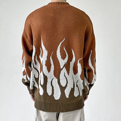 Brown & Green Flame Print Knit Crew Neck Sweatshirt