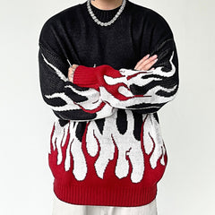 Black & Red Flame Print Knit Crew Neck Sweatshirt