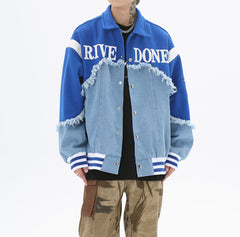 Blue Raw Thread Patched Denim Varsity Jacket