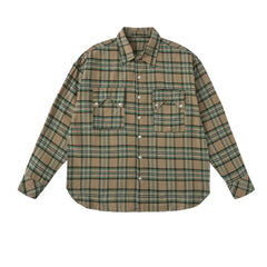 Khaki & Green Plaid Antique Snap Button-Up Flannel Shirt
