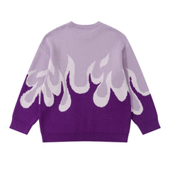 Purple Ombré Flame Print Knit Crew Neck Sweatshirt