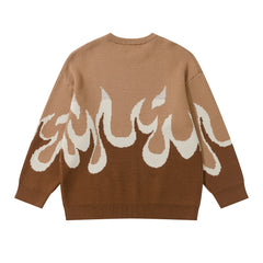 Brown Ombré Flame Print Knit Crew Neck Sweatshirt