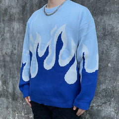 Blue Ombré Flame Print Knit Crew Neck Sweatshirt