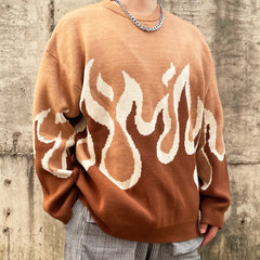 Brown Ombré Flame Print Knit Crew Neck Sweatshirt