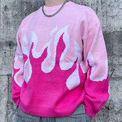Pink Ombré Flame Print Knit Crew Neck Sweatshirt