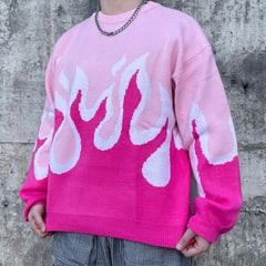 Pink Ombré Flame Print Knit Crew Neck Sweatshirt
