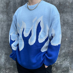 Blue Ombré Flame Print Knit Crew Neck Sweatshirt