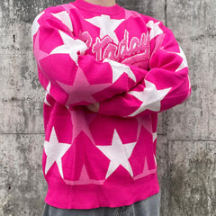 Pink Starday Towel Patch Knit Crew Neck Sweatshirt