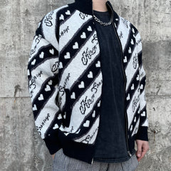 Black & White Heart Ticker Waffle Knit Jacket