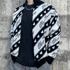 Black & White Heart Ticker Waffle Knit Jacket