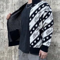 Black & White Heart Ticker Waffle Knit Jacket