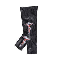 Black Jesus Embroidered Patch Leather Pants