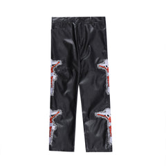 Black Jesus Embroidered Patch Leather Pants