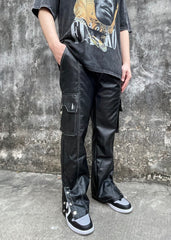 Black Contrast Stitch Cargo Snap Leg Leather Pants