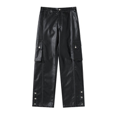 Black Contrast Stitch Cargo Snap Leg Leather Pants