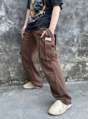 Brown Army Strap Multi-Pocket Cargo Twill Pants