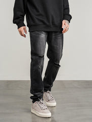 Black Worn In Wash Ripped & Distressed Knee Straight Leg Denim