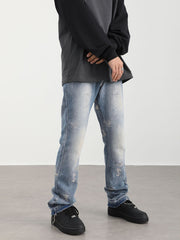 Light Blue Vintage Wash Ripped Thread & Distressed Flare Leg Denim
