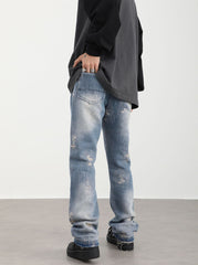 Light Blue Vintage Wash Ripped Thread & Distressed Flare Leg Denim