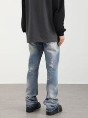 Light Blue Vintage Wash Ripped Thread & Distressed Flare Leg Denim