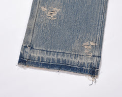 Light Blue Vintage Wash Ripped Thread & Distressed Flare Leg Denim