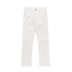 White Ripped Raw Stitch Stacked Straight Leg Denim