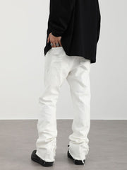 White Ripped Raw Stitch Stacked Straight Leg Denim