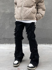 Black Distressed Loose Thread Flare Leg Denim