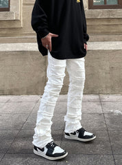 White 3D Distressed Raw Edge Stacked Slim Leg Denim