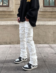 White 3D Distressed Raw Edge Stacked Slim Leg Denim