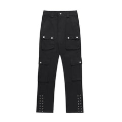 Black Multi Snap Pocket & Wide Leg Rivet Cargo Pants