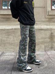 Camo Vintage Wash Flare Leg Twill Pants