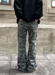 Camo Vintage Wash Flare Leg Twill Pants