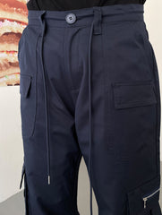 Navy Blue Multi-Pocket Wide Leg Tie Cargo Pants
