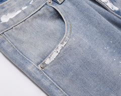 Light Blue Paint Splatter Diagonal Seam Zip Slim Leg Denim