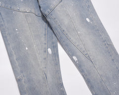 Light Blue Paint Splatter Diagonal Seam Zip Slim Leg Denim