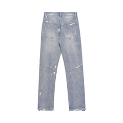 Light Blue Paint Splatter Diagonal Seam Zip Slim Leg Denim