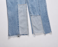 Light Blue Pieced Patchwork Straight Leg Denim