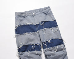 Light Blue Deconstructed Frayed Thread Patchwork Slim Leg Denim