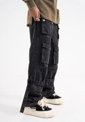 Black Vintage Wash Multi Cargo Pocket & Strap Straight Leg Denim