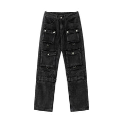 Black Vintage Wash Multi Cargo Pocket & Strap Straight Leg Denim