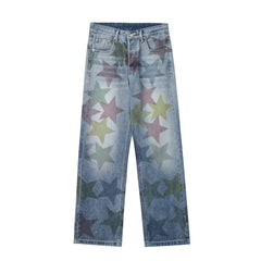 Light Blue Multi Color Dyed Stars Straight Leg Denim