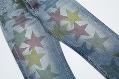 Light Blue Multi Color Dyed Stars Straight Leg Denim