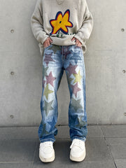 Light Blue Multi Color Dyed Stars Straight Leg Denim