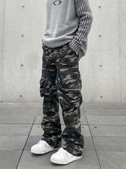 Camo Large Zip Cargo Flare Leg Twill Pants