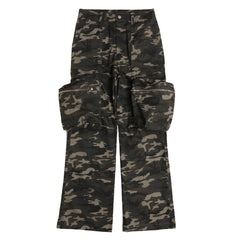 Camo Large Zip Cargo Flare Leg Twill Pants