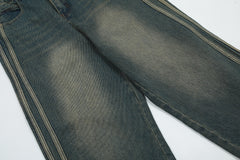 Blue Vintage Wash Side Stripe Wide Leg Denim