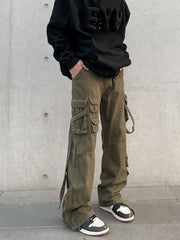 Army Green Multi-Pocket & Strap Zip Leg Twill Pants
