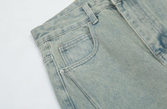 Light Blue Faded In Wash Diagonal Seam Wide Leg Denim